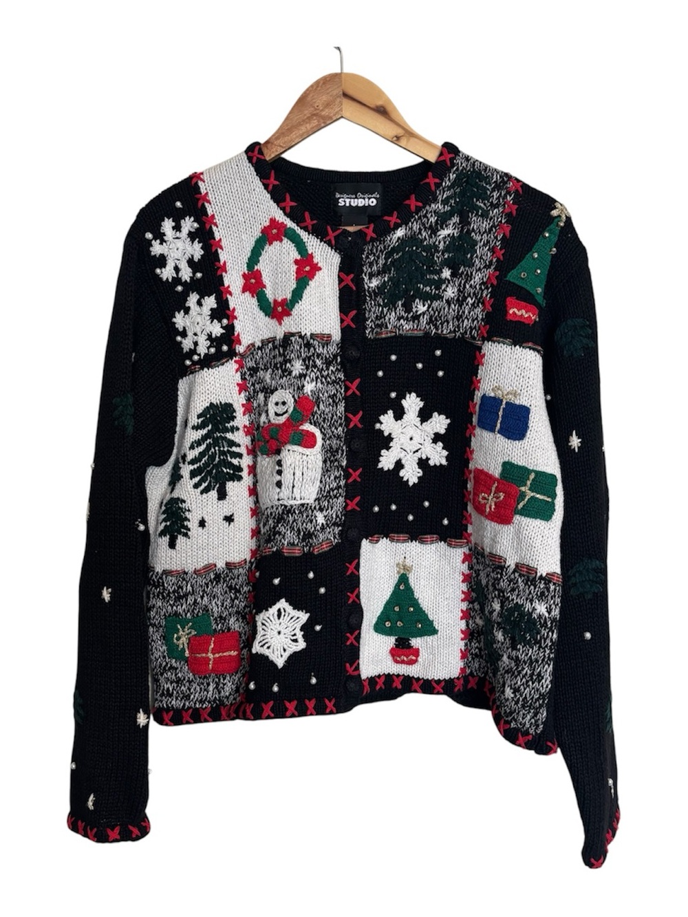 VTG 90s Studio Ugly Christmas Cardigan Sz L Patchwork Motif Black Grandma Core